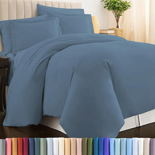 Pizuna Pure 100% Cotton Queen Duvet Cover Set, Luxurious 400 Thread Count Long Staple Cotton Sateen Weave with Button Closure (Combed Dusty Blue Cotton Duvet Cover Queen)