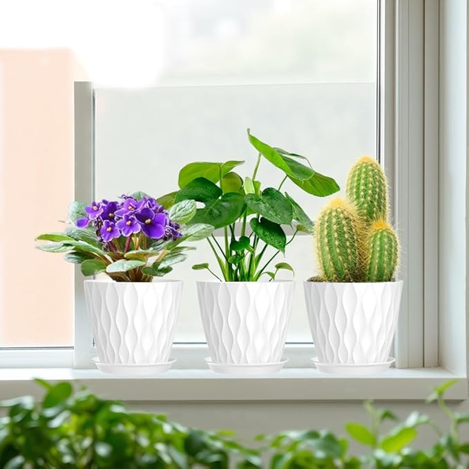 7 Inch Plant Pots 5 Pack, Plastic Flower Pots with Drainage Holes Saucers, Indoor Outdoor Planters for Plants, Lightweight Durable,White