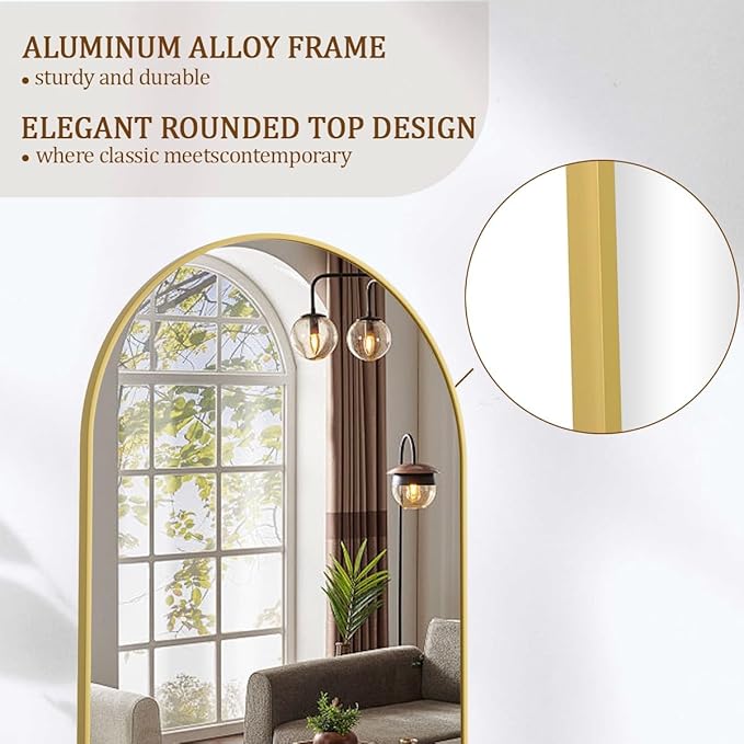 Koonmi Full Length Mirror, 65"x24" Arched Gold Mirror Full Length, Standing Hanging or Leaning Full Body Mirror with Aluminum Alloy Frame for Living Room and Bedroom