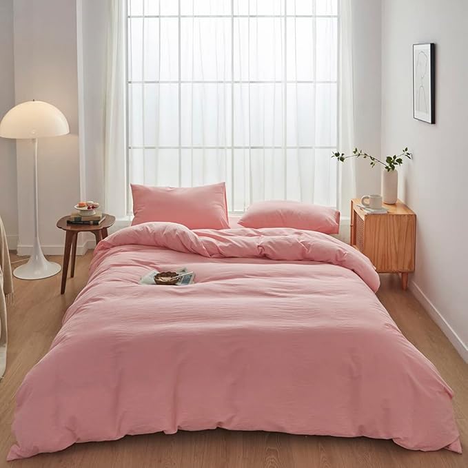 FACE TWO FACE Bedding Duvet Cover Set 3 Pieces 100% Washed Cotton Duvet Cover Linen Like Textured Breathable Durable Soft Comfy (California King, Light Pink)