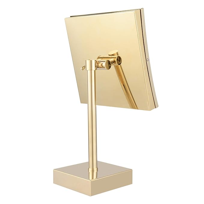 DOWRY Tabletop LED Lighted 5X Magnifying Makeup Mirror Square with Plug 8 Inch Polished Gold Finished
