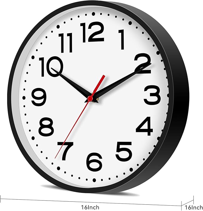 Wall Clock 16 Inch Silent Non-Ticking Modern Clock Battery Operated Classic Simple Minimalist Analog Decorative for Kitchen, Living Room,Office, Bedroom, Bathroom (Black)