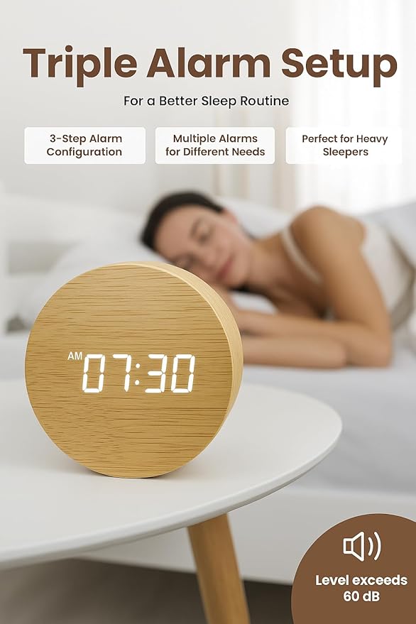 Wooden Alarm Clock Led Aesthetic Modern Alarm Digital Led Light for Desk with Large Display Elegant Aesthetic Gift (Black)