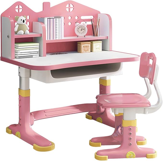Kids Desk and Chair Set, Height Adjustable Children Study Desk, Golden Distance Preventing Myopia Design, Children Study Desk with Spacious Storage Drawer for Girls School Home Study Tool (Pink-1)