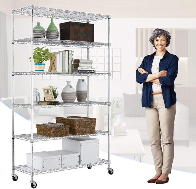 PayLessHere 6 Tier Commercial Grade Wire Shelving Unit Metal Shelf Organizer Heavy Duty Storage Unit Wire Rack NSF Certification 2100LBS Capacity with Wheels-18x48x72