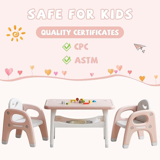Kids Table and Chair Set, Plastic Children Activity Table with 2 Chairs, Toddler Table and Chair Set for Reading, Drawing, Snack Time, Arts Crafts, Preschool, Gift for Boys Girls