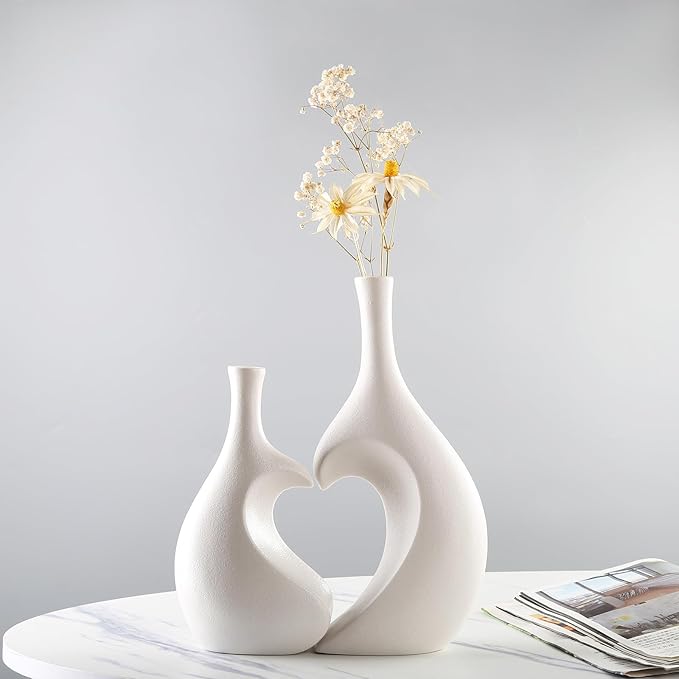 White Ceramic Vase Set of 2,Heart Shaped vase, Matte Frosted Texture Finish,Farmhouse Decor, Home Decor, Vases for Your Bedroom, Office, Living Room, Bathroom (White)