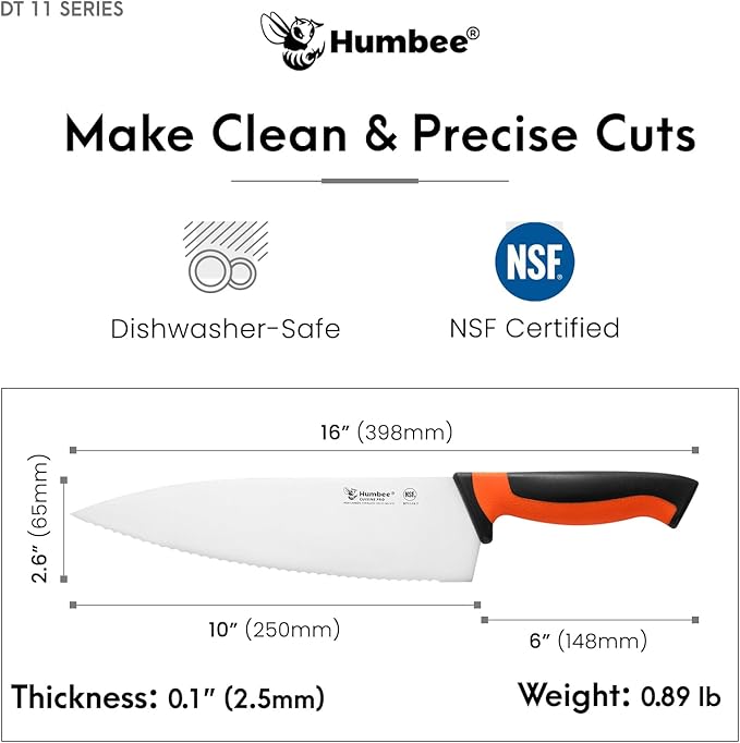10 Inch Professional Chef Knife with Ergonomic Handle – NSF Certified Stainless Steel Kitchen Knife, Serrated Wave Teeth, Durable and Sharp Blade, DT 11 Series, Orange