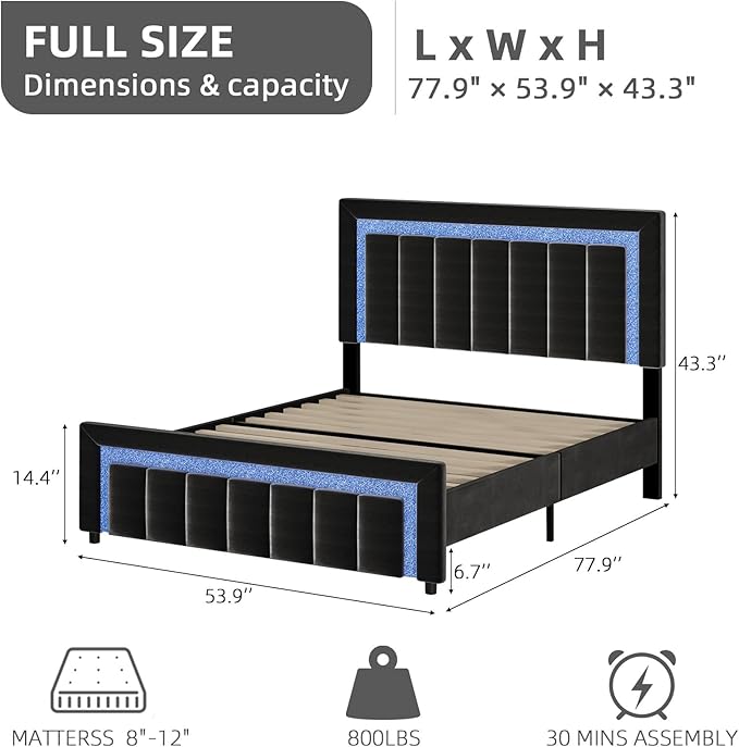 HOMBCK Full Size Bed Frame with LED Lights and Velvet Upholstered Headboard, Bed Frame Full with Modern Diamond Headboard Adjustable, Wooden Slats Support, Noise Free, No Box Spring Needed, Black