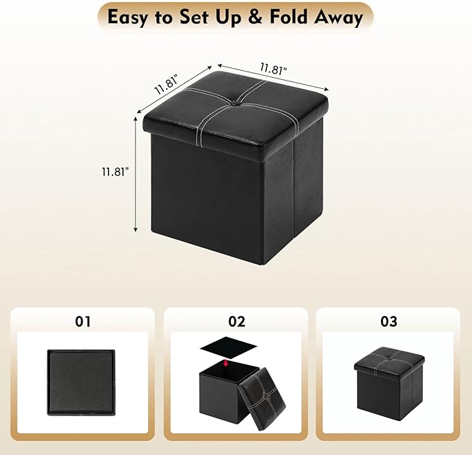 B FSOBEIIALEO Storage Ottoman with Faux Leather Foldable Small Square Foot Rest Stools Coffee Table Black 11.8"X 11.8" X 11.8"
