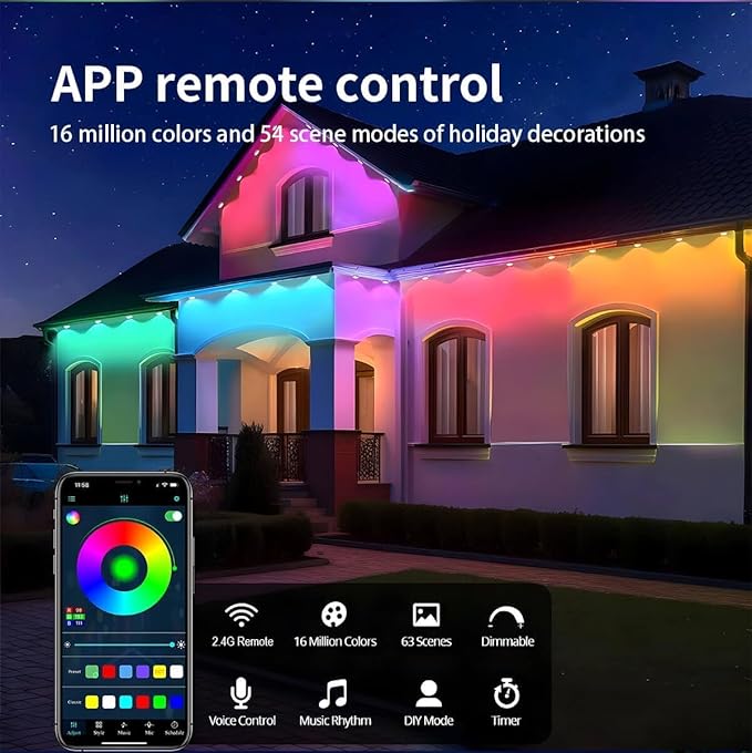 Permanent Outdoor String Lights 50ft, Smart RGB App Control with 30 LEDs, LED Eaves Lights IP67 Waterproof, House Roof Outdoor Lighting for Party, Daily, Halloween,Christmas,Garden