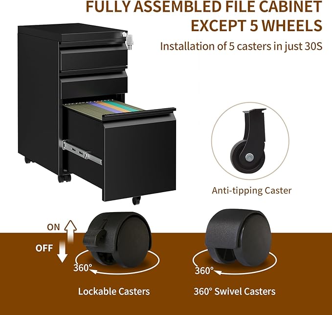 Metal Mobile File Cabinet with Lock and 4 Keys - Fully Assembled, Under Office Desk 3 Drawers Filing Cabinet for Home Office with Anti-tilt Wheels, A4/Legal/Letter Hanging File Drawers