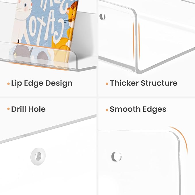 upsimples 6 Pack Acrylic Shelves for Wall Storage, 15" x 4“ Floating Bookshelves for Kids, Display Shelf Organizer for Bathroom, Bedroom, Living Room, Kitchen, Room Decor, Clear