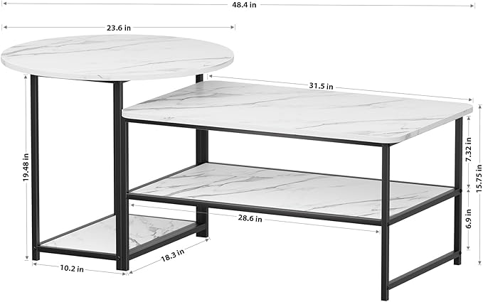 WOHOMO 48IN Faux Marble Wood Coffee Table with Adjustable Shelf, White Nesting Tables Set of 2, Small Coffee Tables for Living Room