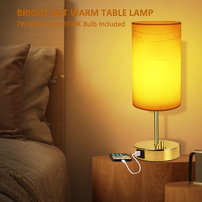 HiBay 17.75" H Dimmable LED Bedside Table Lamp with USB Charging Ports & AC Outlet, Modern Gold Nightstand Light for Bedroom, Office, Living Room, Kids Room, Round Fabric Shade, E26 Bulb Included