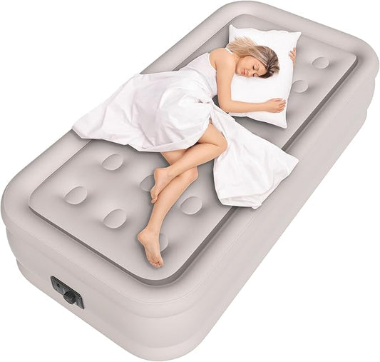 Twin Air Mattress with Built in Pump, Single Air Bed with Portable Storage Bag, 18'' Blow up Mattress Suitable for Home and Guests, Top Flocking, 18" Twin Khaki