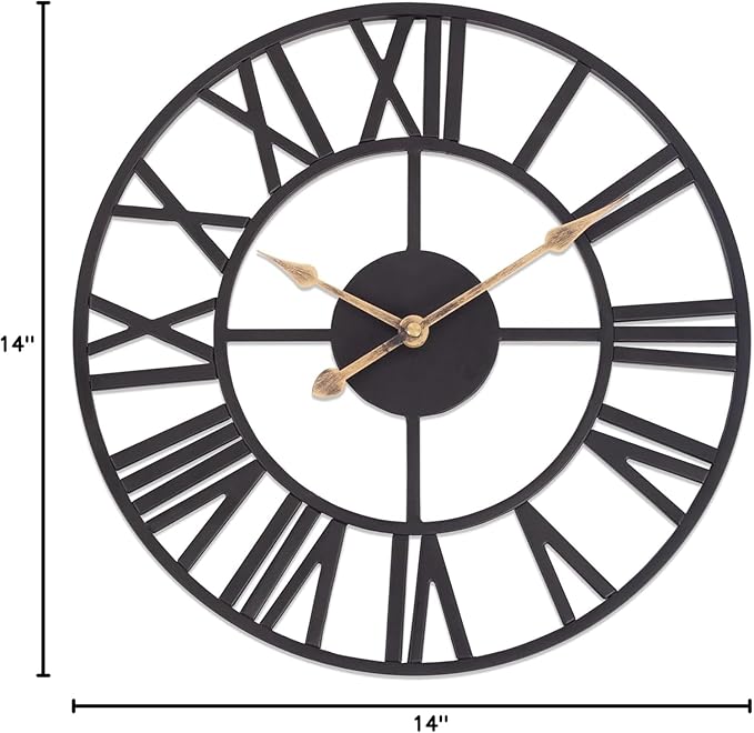 Wall Clocks for Living Room Decor, Black Metal Skeleton Wall Clock Silent Battery Operated, Rustic European Industrial Farmhouse Decorative Wall Clocks for Kitchen, Bedroom, Dining Room-14 in