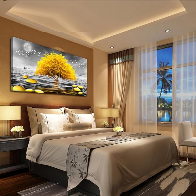 Wapluam Canvas Wall Art For Living Room Large Wall Decor For Bedroom Modern Office Wall Decoration Black And White View Wall Painting Yellow Tree Pictures Artwork For Walls Room Home Decor 40X20 in