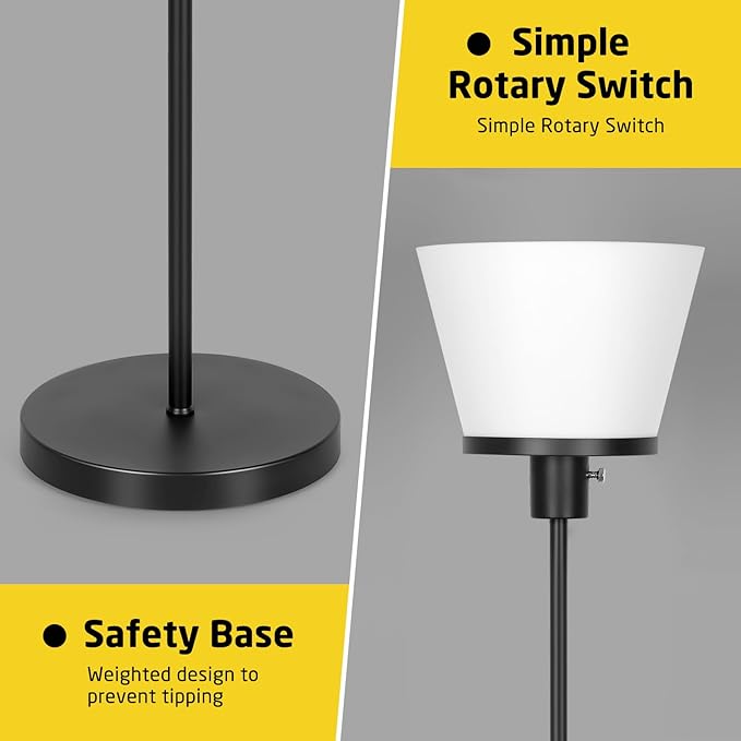 LED Floor Lamp Tall Standing Lamp, Black Modern Torchiere Floor Lamps for Bedroom Living Room Office, Bright Floor Lamp with White Plastic Shade, Bulb Not Included.