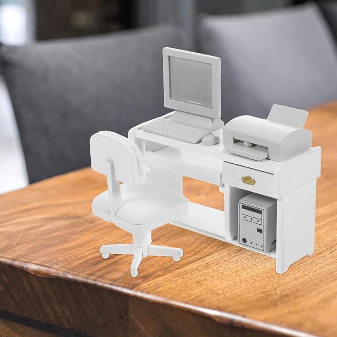 1 Set Miniature Office Desk: Dollhouse Computer Desk Mini Toys for Crafts - Tiny House Wood Computer Model Miniature Office Furniture Ornament for Kids Doll House(White)