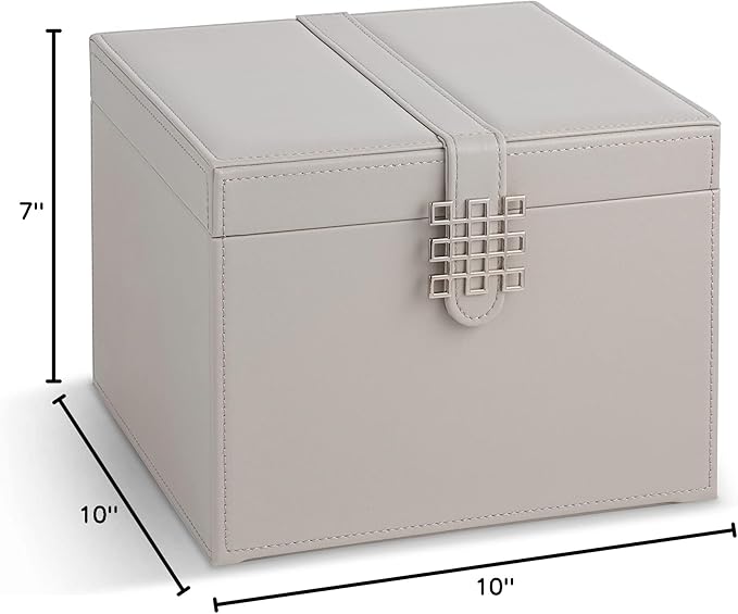 Earring Organizer Holder - 75 Small & 4 Large Slots Classic Jewelry Box with Drawer & Modern Closure, Mirror, 4 Trays Earrings, Ring or Chain Storage - PU Leather Case - Grey