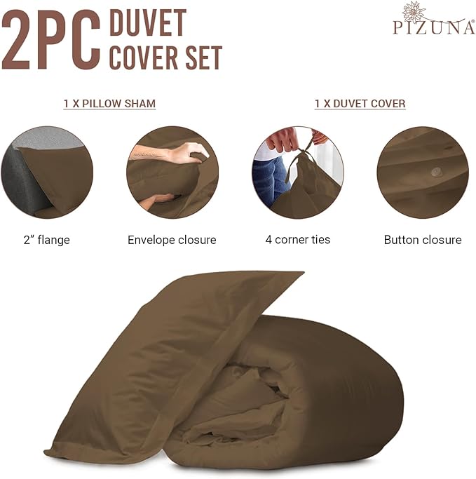 Pizuna Pure 100% Cotton Twin Duvet Cover Set, Luxurious 400 Thread Count Long Staple Cotton Sateen Weave with Button Closure (Combed Woody Brown Cotton Duvet Cover Twin)