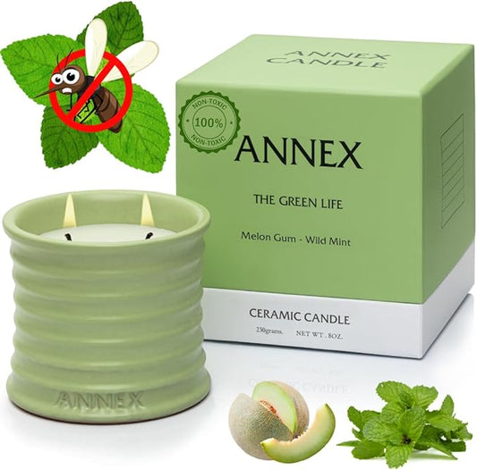 Scented Luxury Candles Outdoor Mosquito Bug Repellent Ceramic Jars, Soy Wax | The Green Life, Large Natural Candle - Green Melon & Peppermint | Non Toxic, 2 Wicks, Reusable Jar
