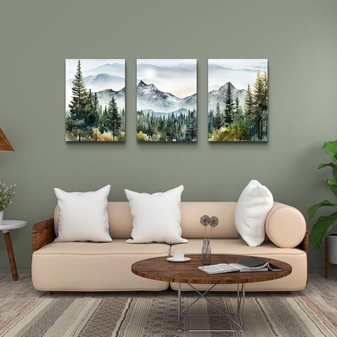 MHARTK66 Large Size Wall Art for Living Room Modern Wall Decor for Bedroom Office Decor Abstract Mountain Forest Landscapes Ink Painting 3 Piece Framed Canvas Art Prints Ready to Hang Wall Pictures