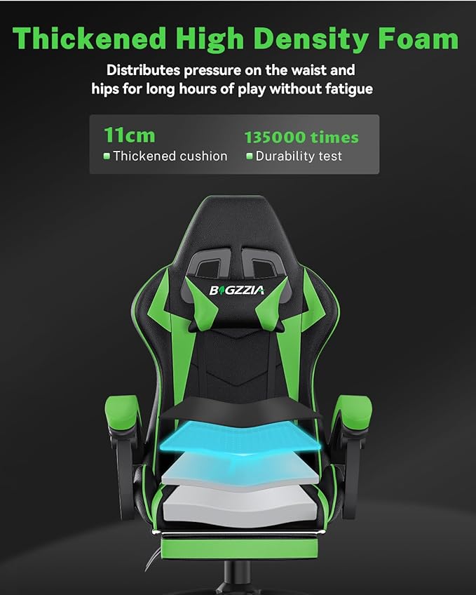 Gaming Chair with Footrest, High Back Ergonomic Computer Gamer Chair with Headrest and Lumbar Support, Racing Style Reclining Game Chair for Adults, Kids (Green-Black)