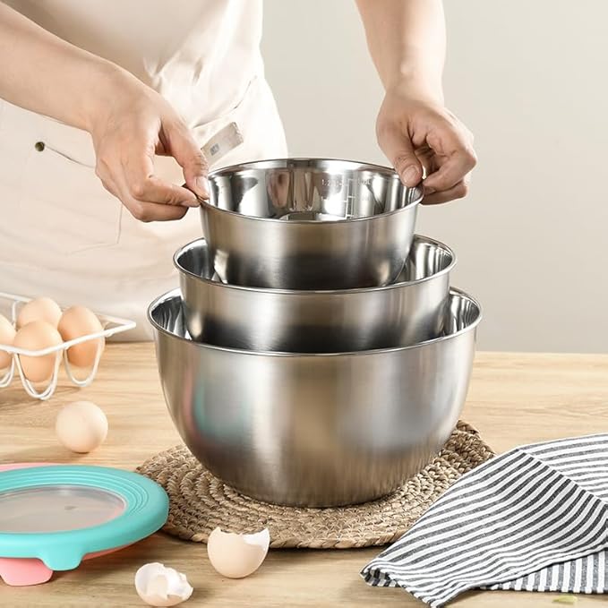 Mixing Bowl Set with Lids 3 Pieces Stainless Steel Mixing Bowl Nesting Metal Bowl Set for Cooking Baking Prepping & Food Storage Dishwasher Safe