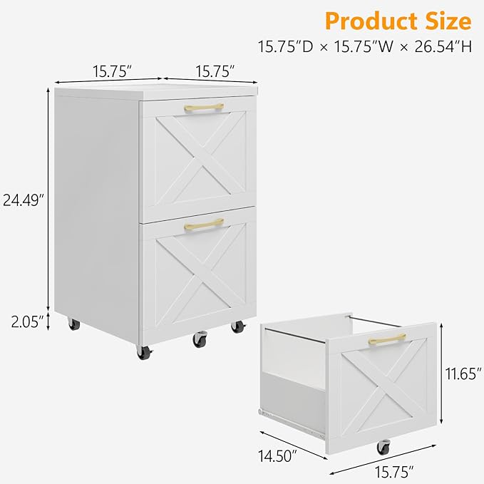 Farmhouse File Cabinet with 2 Drawers, Vertical Filing Cabinet on Wheels for Letter/A4 Size Hanging Files, Mobile File Cabinets Printer Stand for Home Office, White