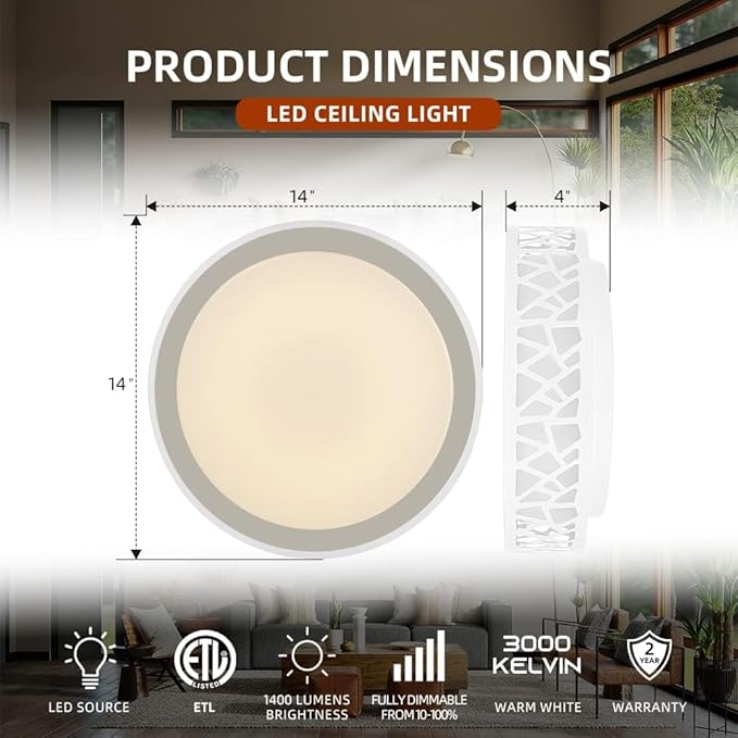 LED Flush Mount Ceiling Light, 14 Inch Dimmable Round Lighting Fixture, 20W 1400 Lumens 3000K Warm White, ETL Listed for Kitchen, Hallway, Bedroom, Stairways (Metal Body and Acrylic Shade)