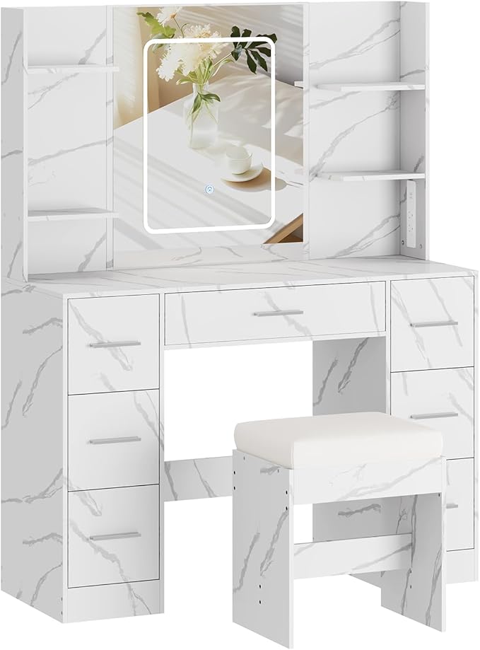 Hetoy Vanity Desk with Mirror and Lights - Makeup Vanity Desk with Chair - Dressing Table with 7 Drawers and Hair Dryer Rack for Bedroom