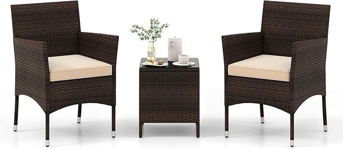 Tangkula 3 Pieces Patio Rattan Furniture Set, Outdoor Conversation Set with PE Wicker Armchairs, Tempered Glass Top Coffee Table, Soft Removable Cushions, for Porch Garden Yard Balcony (Beige)