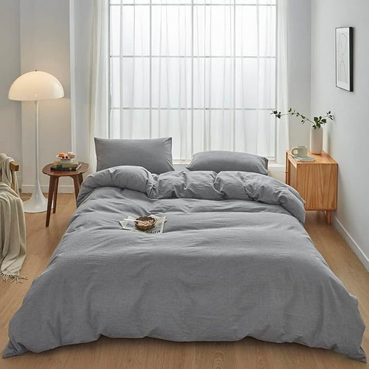 FACE TWO FACE Bedding Duvet Cover Set100% Washed Cotton Duvet Cover Linen Like Textured Breathable Durable Soft Comfy (Twin, Light Grey)