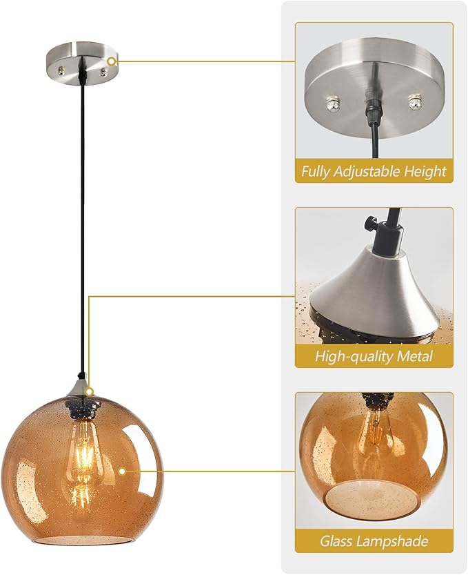 Amber Glass Pendant Lights Kitchen Island Globe Pendant Light Fixtures Modern Pendant Lighting for Bedroom Living Dining Room Light Fixture (9.84 in, 2 Pack)