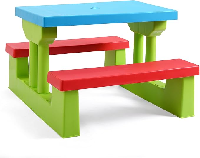 HONEY JOY Kids Picnic Table, Toddler Plastic Outdoor Table & Bench Set with Umbrella, Children Patio Furniture Set for Backyard Garden, Kids Picnic Tables for Outdoors, Gift for Boys Girls Age 3+
