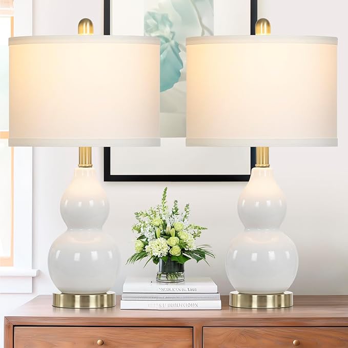 22" Modern Double Gourd Ceramic Table Lamps Set of 2, White Bedside Lamps for Living Room, Contemporary Nightstand Desk Lamps for Bedroom End Table Home Office Decor(2 LED Bulbs Included)