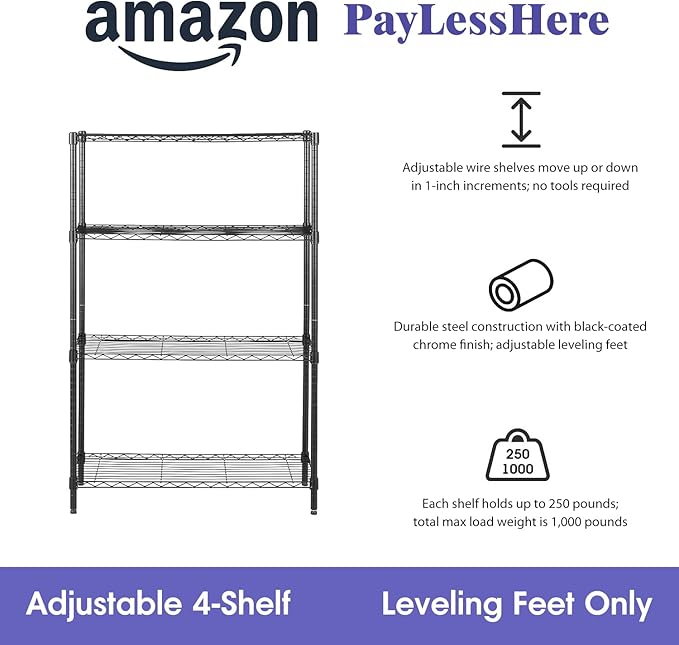PayLessHere Shelves Shelf Storage Shelves Heavy Duty 4 Tier Adjustable Shelf 1000 lbs Total Capacity NSF Certified Height Adjustable Stable Leveling Feet Easy Assembly (Black)