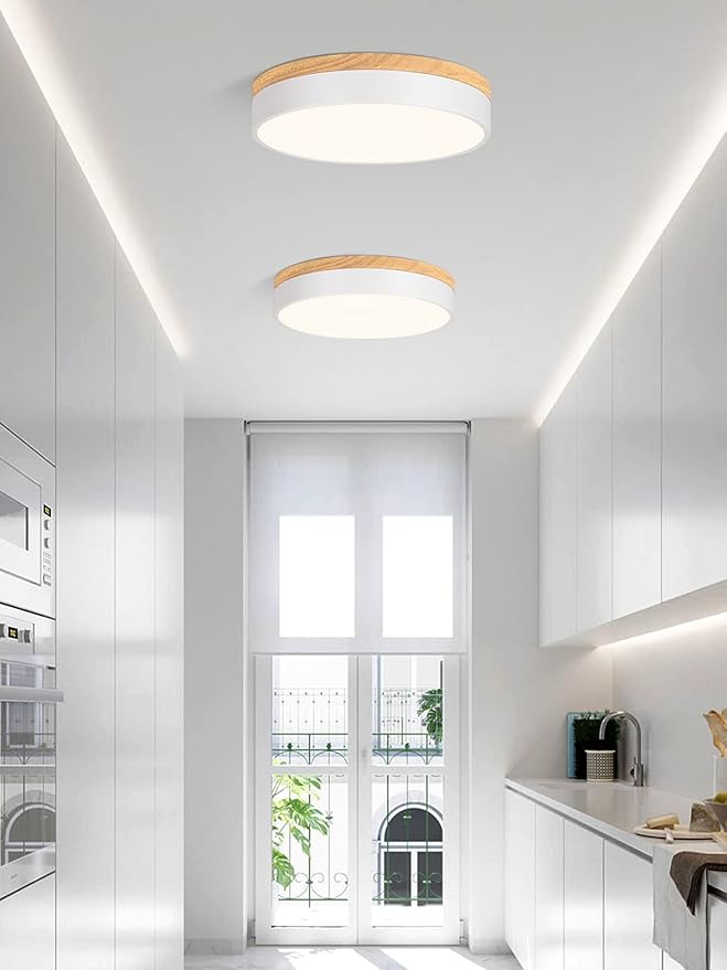 Dimmable Wood LED Flush Mount Ceiling Light, 5CCT 2700K-6000K Modern Round Close to Ceiling Lighting Fixtures, Minimalist White Ceiling Lamp for Bedroom, Kitchen, Hallway, Laundry Room