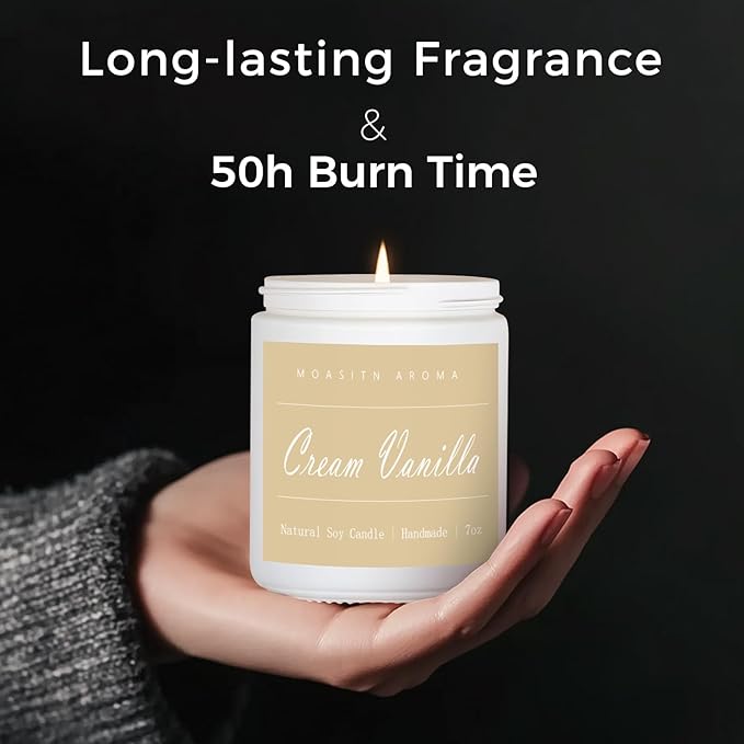 MOASITN Cream Vanilla Highly Scented Candles for Home| Natural Soy Aromatherapy Candle| Handmade Long Lasting Jar Candle| Candel Gift for Women,Men as Summer,Birthday,Housewarming,Relaxing Gifts| 7oz
