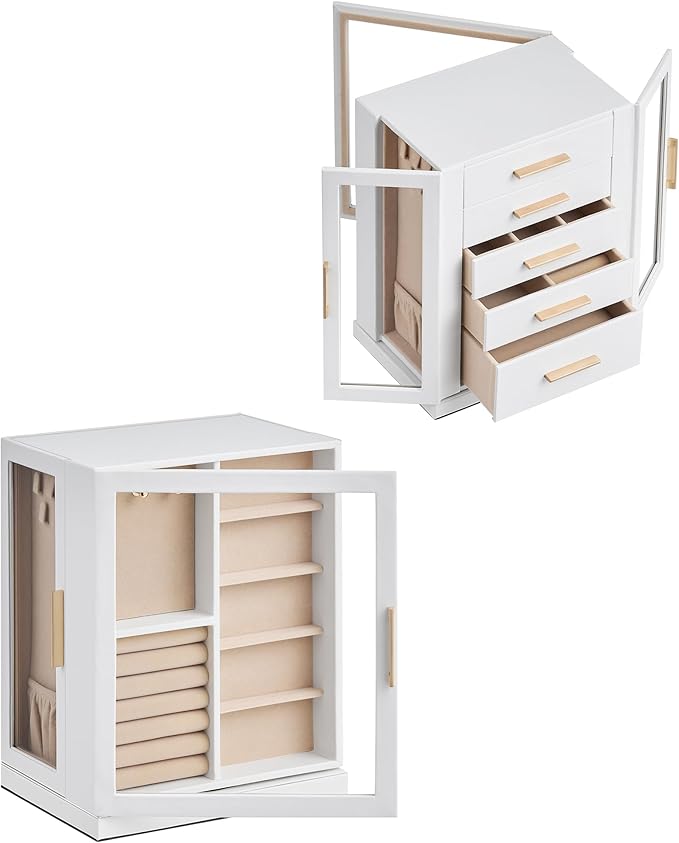 360° Rotating Jewelry Box with 5 Drawers, Spacious Vertical Jewelry Organizer with Glass Window, Jewelry Storage Case, Dustproof & Moisture-resistant Design, White