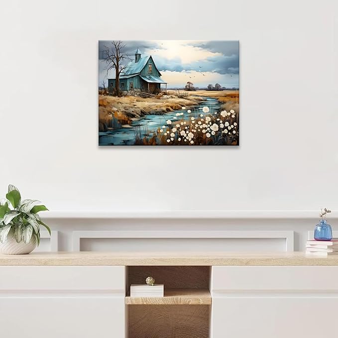 CYULWNNO Farmhouse Wall Art Barn Farm Landscape Painting Pictures Decor Blue Farm Nature Wildflower Rustic Scenery Canvas Prints Artwork Frame Living Room Bedroom Bathroom Wall Decor 16"x24"