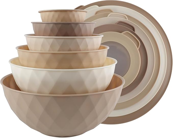 COOK WITH COLOR Mixing Bowls with Lids - 12 Piece Plastic Nesting Bowls Set includes 6 Prep Bowls and 6 Lids, Non Slip Bottom and Embossed Design - Microwave Safe (Brown)