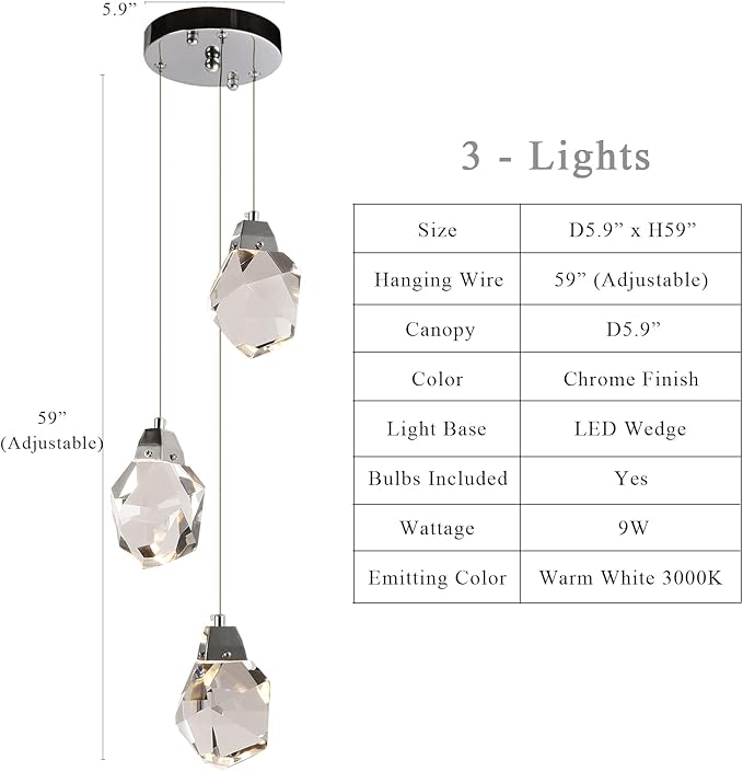 Modern Crystal Chandeliers, Round Raindrop Dimmable Pendant Lights Kitchen Island, Luxury Chrome Ceiling Hanging Lamp for Farmhouse Foyer Bedroom Entryway Dining Room (Round 3-Lights)