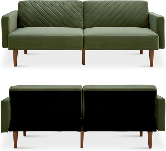 mopio 76.8" Futon Sofa Bed, Small Couch, Sleeper, Loveseat, Mid Century Modern Futon Couch, Sofa Cama, Couches for Living Room (Olive Green Premium Velvet)