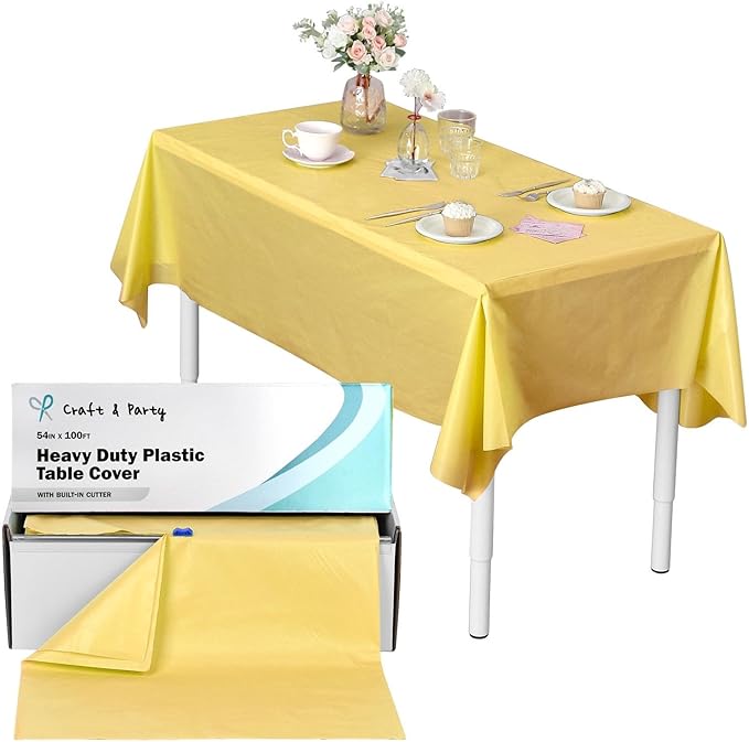 Craft And Party, 54 in x 100 feet Plastic Table Cover Roll for Party, Banquet, Picnic, Kids Activities for Any Size and Shape Table (Yellow, 54" x 100ft)