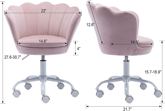 Adjustable Kids Desk Chair Cute Reading Computer Chair for Students Modern Upholstered Velvet Swivel Rolling Armchair for Girls Bedroom, Seashell Back (Light Pink)