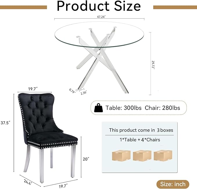 Goujxcy Round Dining Table Set for 4, Modern Glass Kitchen Table and Chairs Set of 4, 5-Piece Dining Room Table Set w/47 Circle Silver Glass Dining Table and 4 Upholstered Velvet Chairs