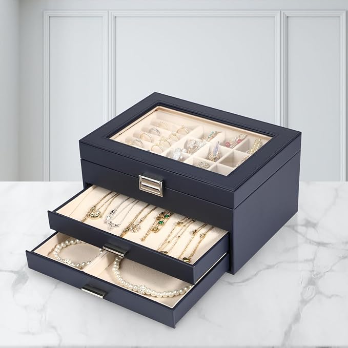 Voova Jewelry Box Organizer for Women Girls, 3 Layer PU Leather Jewelry Storage Case with Glass Lid & 2 Drawers, Large Jewellery Display Holder for Necklaces Rings Earrings Bracelets, Navy Blue